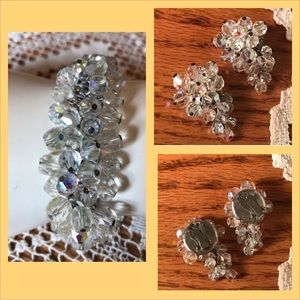 Rhinestone Bracelet & Clip-On Earrings - Vintage Costume Jewelry